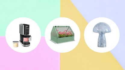 Walmart sale items including an ice cream maker, raised garden bed with greenhouse attachment and a mushroom lamp on a summery pastel multicolored background