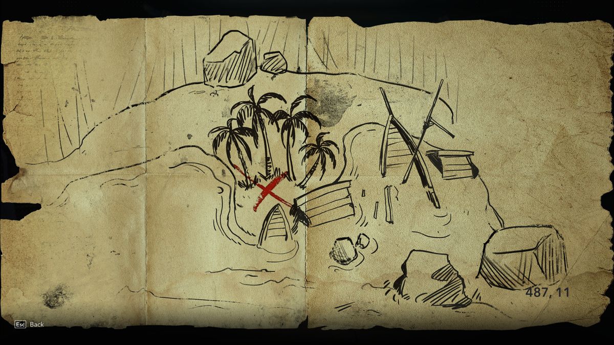 Black Flag treasure maps: A hand-drawn map leading to buried treasure.