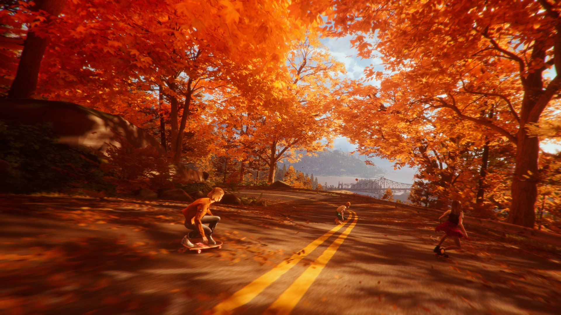 Mixtape screenshot featuring the three main characters bombing down a hill on skateboards