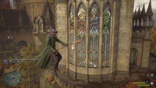 Hogwarts Legacy flying on broom near stained glass windows