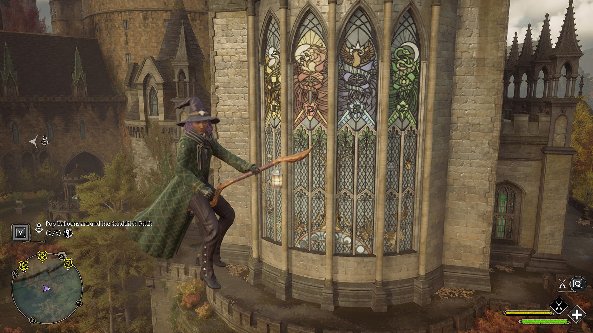 Hogwarts Legacy flying on broom near stained glass windows