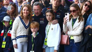 Geri Halliwell and Christian Horner watching an F1 race with their children