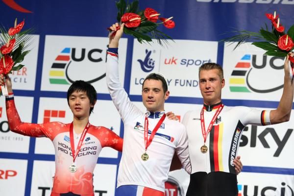 Men's points race winner Chris Newton (1st, Great Britain) is joined by Ho Ting Kwok (2nd, Hong Kong) and Roger Kluge (3rd, Germany)