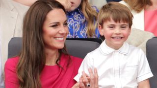 Catherine, Duchess of Cambridge and Prince Louis of Cambridge watch the Platinum Jubilee Pageant from the Royal Box during the Platinum Jubilee Pageant on June 05, 2022 in London, England.