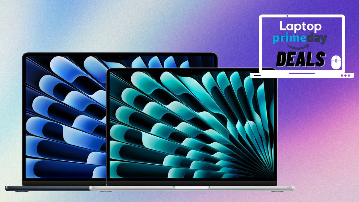 The MacBook Air M3 13-inch and 15-inch in front of an abstract background with a Laptop Prime Day deals icon