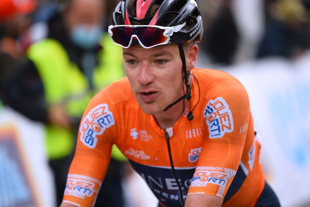 ZINAL VAL DANNIVIERS SWITZERLAND APRIL 30 Ethan Hayter of United Kingdom and Team INEOS Grenadiers Orange Points Jersey crosses the finish line during the 75th Tour De Romandie 2022 Stage 4 a 1801km stage from Aigle to Zinal Val dAnniviers 1664m TDR2022 on April 30 2022 in Zinal Val dAnniviers Switzerland Photo by Dario BelingheriGetty Images