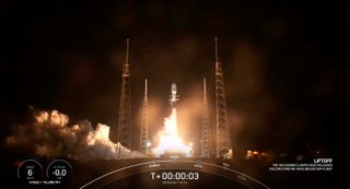 A SpaceX Falcon 9 rocket launches the I-6 F2 satellite for British company Inmarsat from Cape Canaveral Space Force Station in Florida on Feb. 17, 2023. It was SpaceX's second launch in less than nine hours.