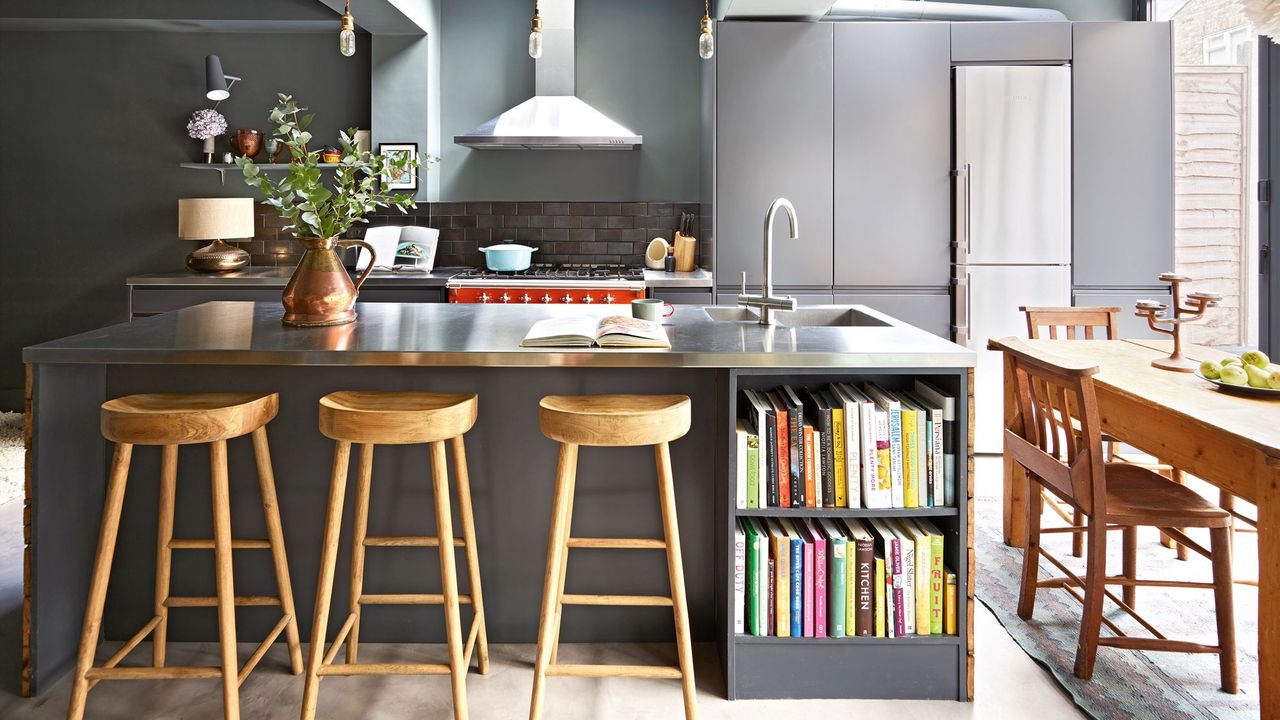 kitchen with kitchen units worktops and bar stools