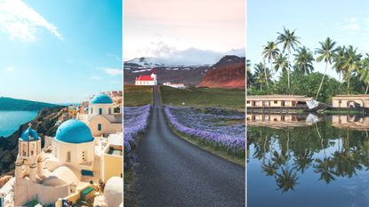 Comp image of scenery from Greece, Iceland and Kerala - three of w&h's picks on the best places to visit in November