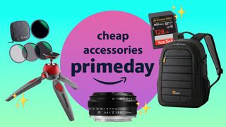 Lowepro / SanDisk / Manfrotto / K&F Concept / TTArtisan products on a green to blue gradient with a purple 'primeday' roundel in the middle