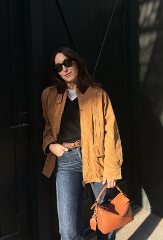 Anna LaPlaca wearing a Zara Leather Suede Combination Jacket