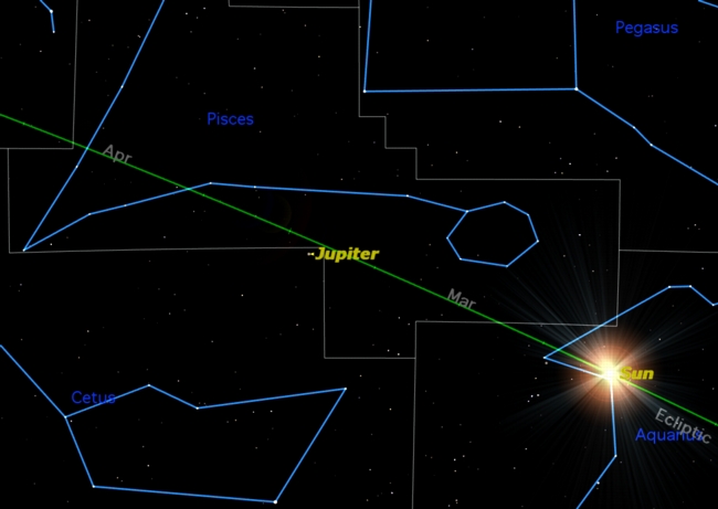 In this sky map, Jupiter appears as it will on March 2, 2011, during its 12-day visit to the constellation Cetus, the Whale. 