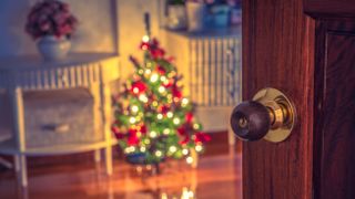 A door opens onto a room with a decorated Christmas tree inside