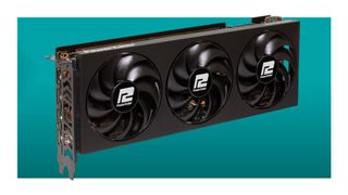 A PowerColor GPU on a green background.