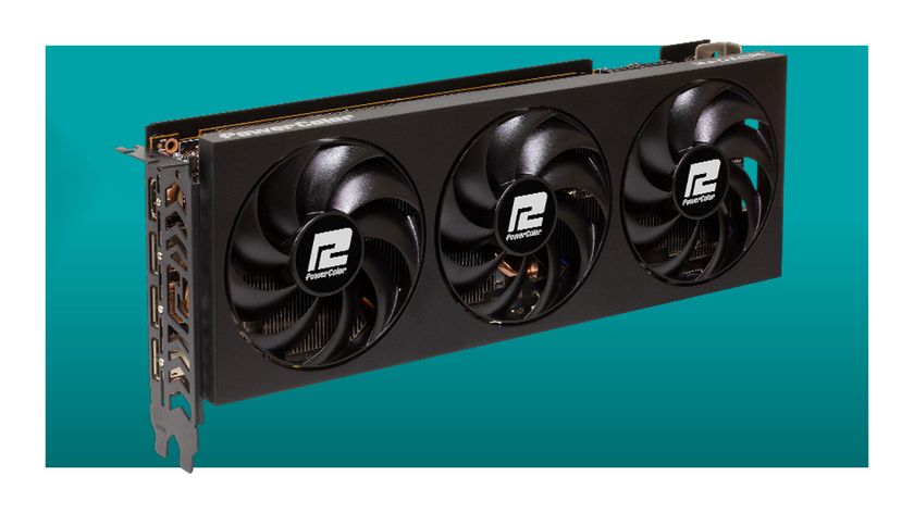 A PowerColor GPU on a green background.