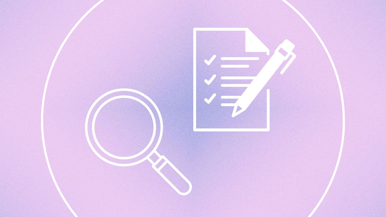 Graphic of magnifying glass and checklist on pastel background