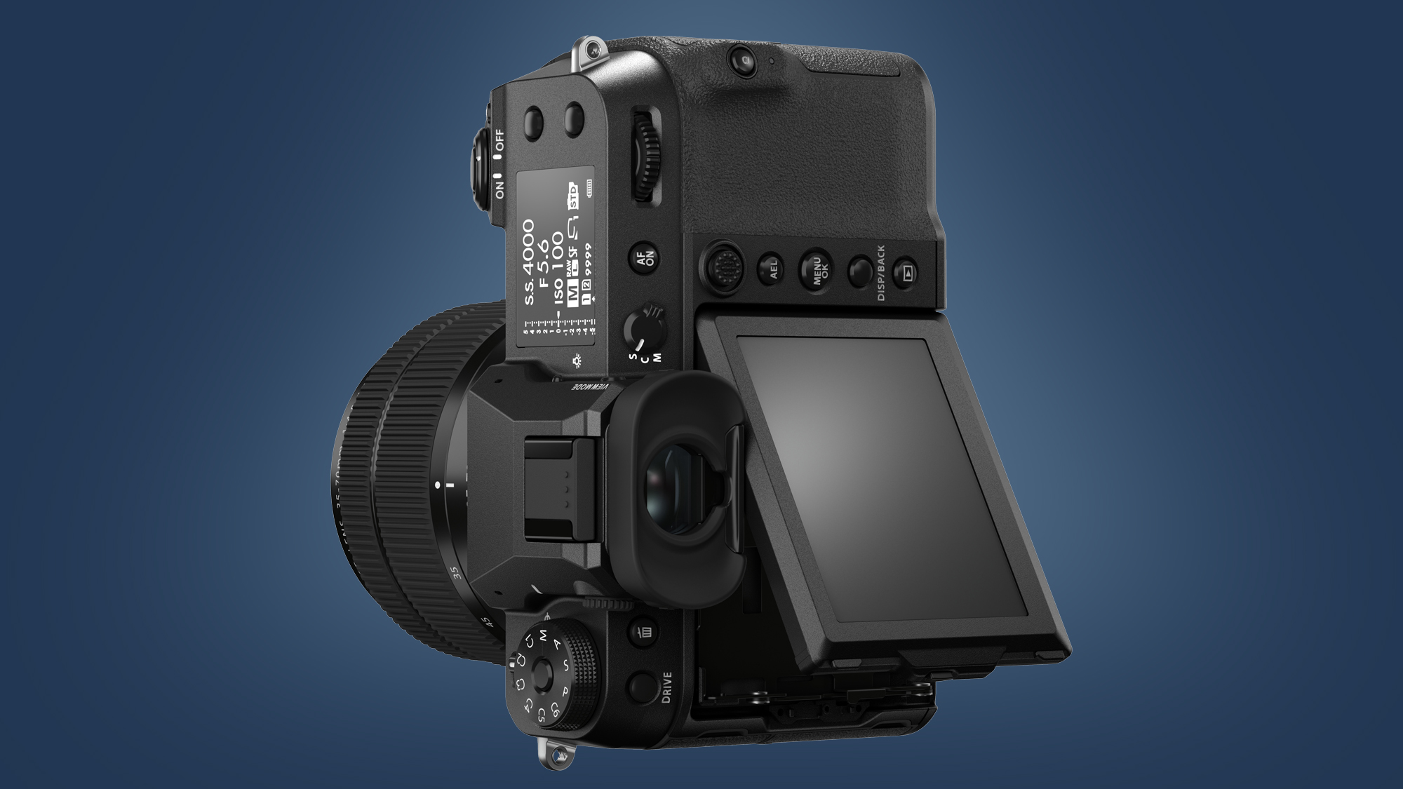 The back of the Fujifilm GFX50S II camera on a blue background