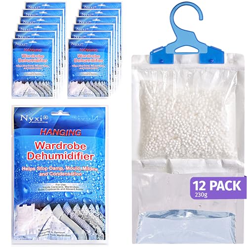Nyxi Set of 12 Hanging Interior Wardrobe Dehumidifier - 230g Each Bag - Ideal to Stop Damp, Mould Mildew &amp;amp; Condensation- for Wardrobe, Home, Kitchen, Garage, Bedroom, Caravan, Office, Basement Etc