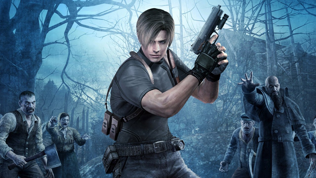 Leon standing with gun surrounded by zombies in Resident Evil 4