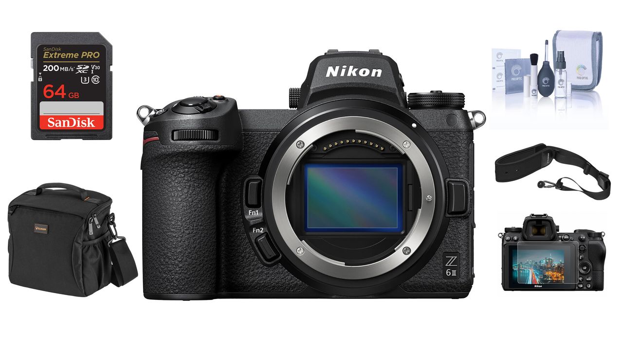 Nikon Z6 II and accessories on a white background