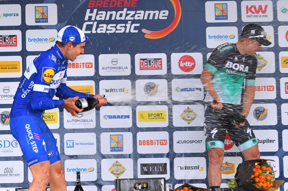 Alvaro Jose Hodeg celebrates winning the Handzame Classic