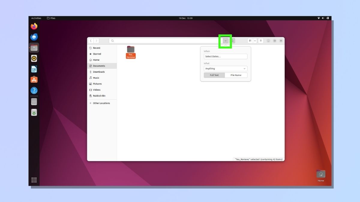Снимок экрана, показывающий, как найти файл с помощью дистрибутива Ubuntu Linux — открыть параметры фильтра поиска