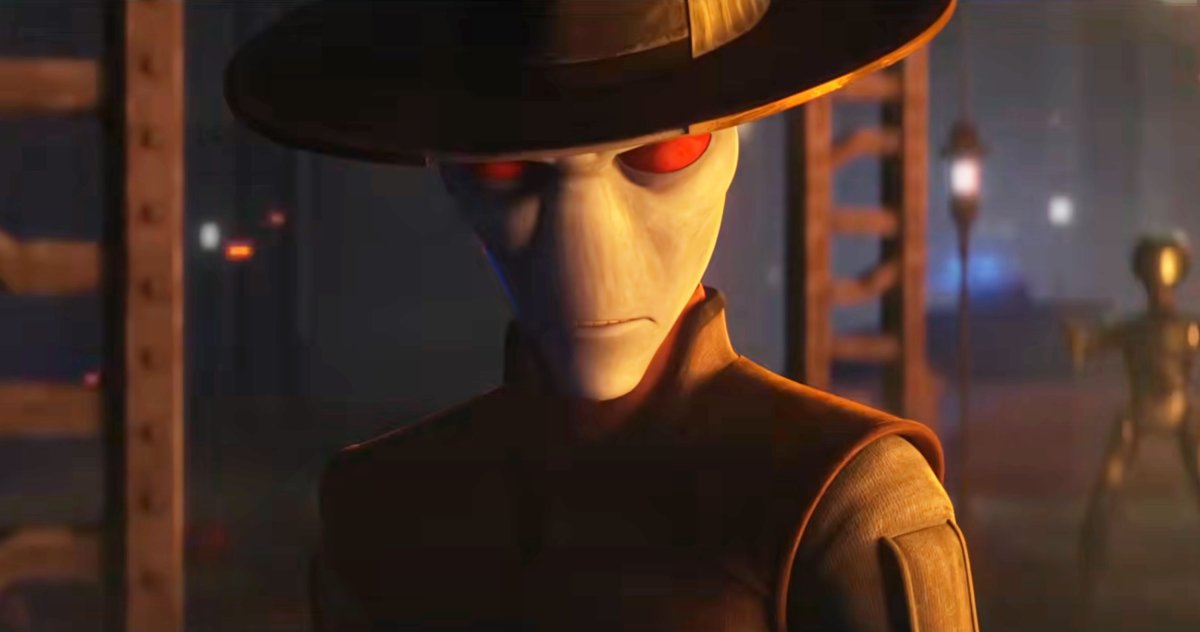 A blue-skinned alien with red eyes wearing a hat