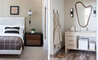 Bedroom on the left with nightstand next to bed and bathroom on the right with folded white towels