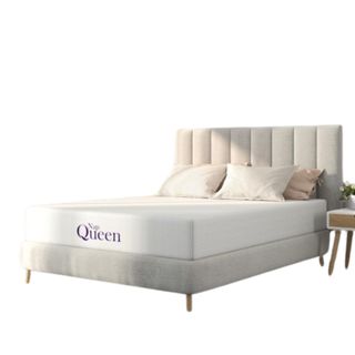 A white mattress with the words 'nap queen' written in purple writing on it, two pillows, on a beige pleated mattress frame