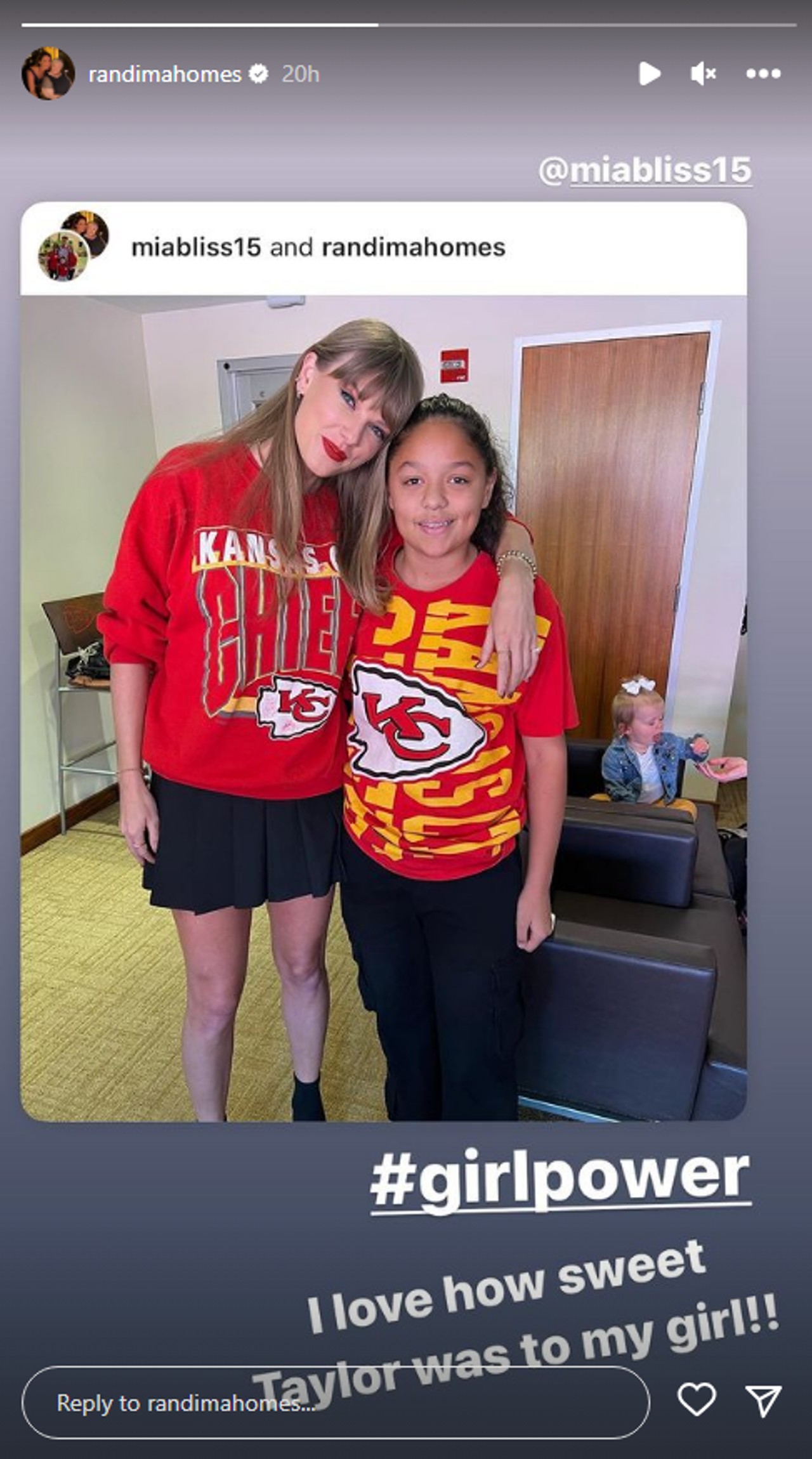 Randi Mahomes' Instagram story of her post about Taylor Swift meeting her daughter Mia Randall.