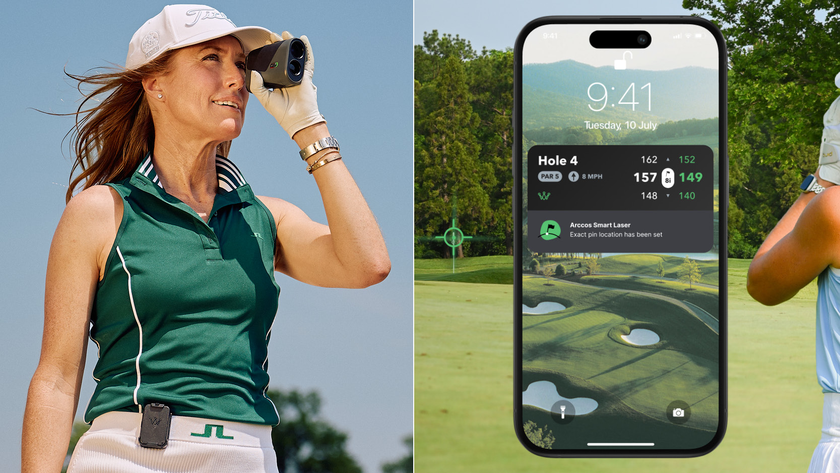 A woman looks through a rangefinder, while a phone screen displays information
