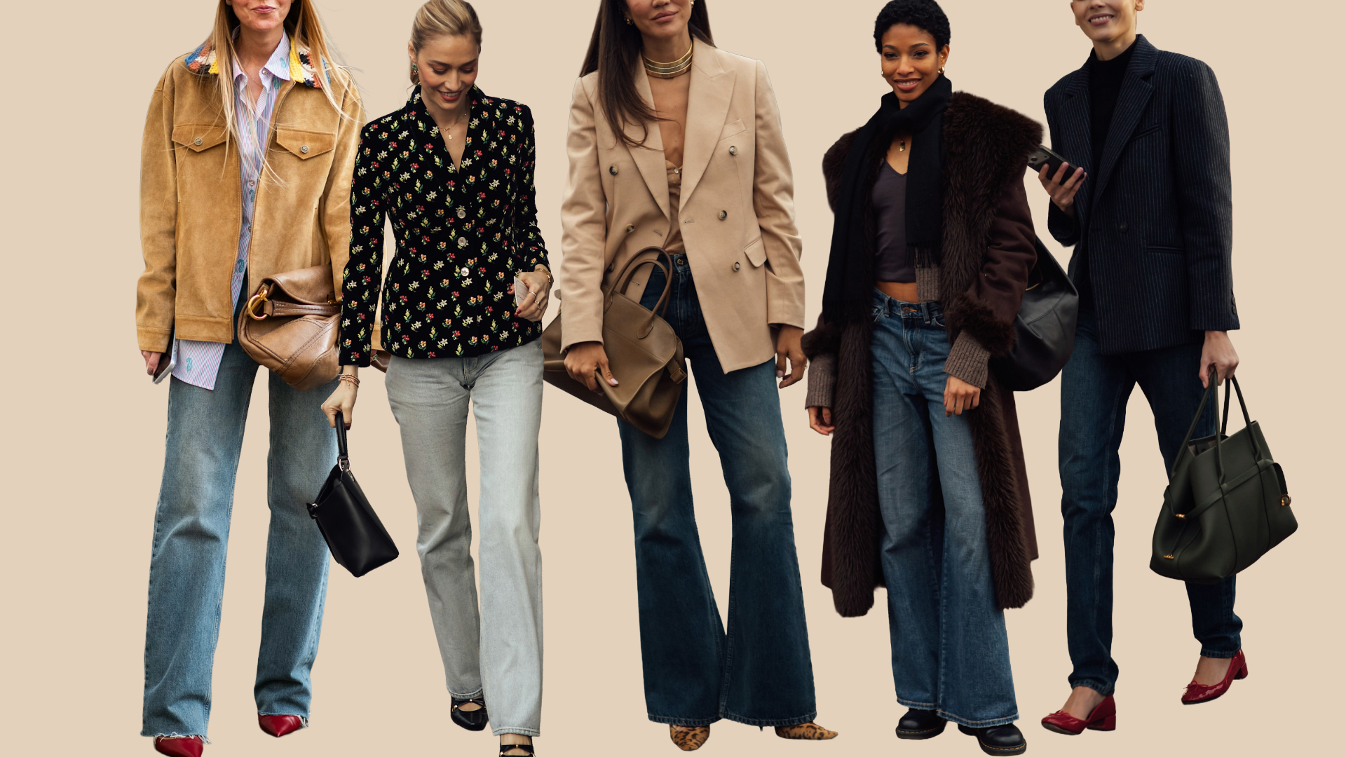 collage of fashion week attendees wearing jeans 