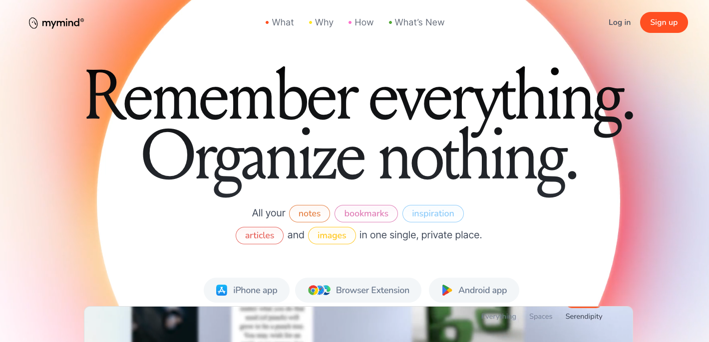 screenshot of mymind that says remember everything, organize nothing