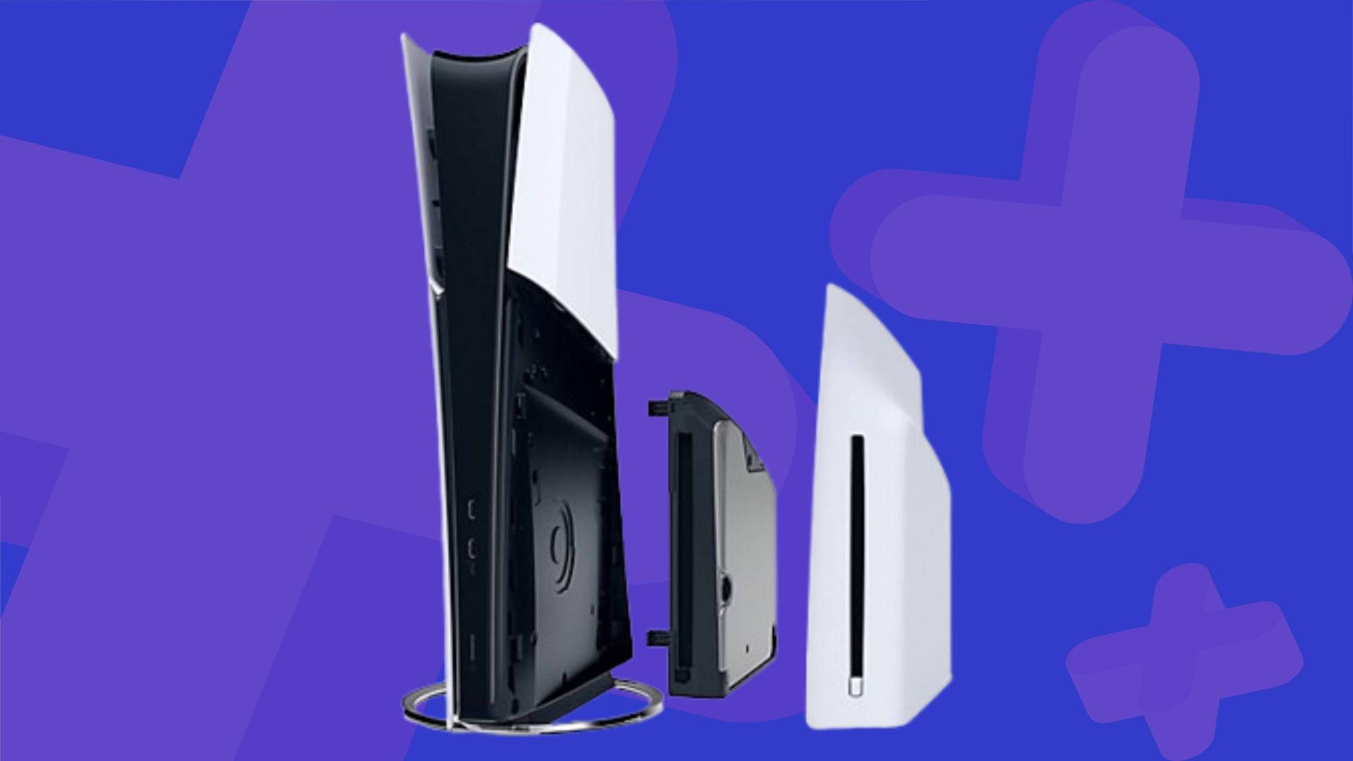 Image of a PS5 console standing next to the Disc Drive on a blue GamesRadar+ background.