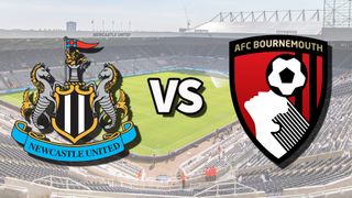 The Newcastle United and AFC Bournemouth club badges on top of a photo of St. James' Park in Newcastle-upon-Tyne, England