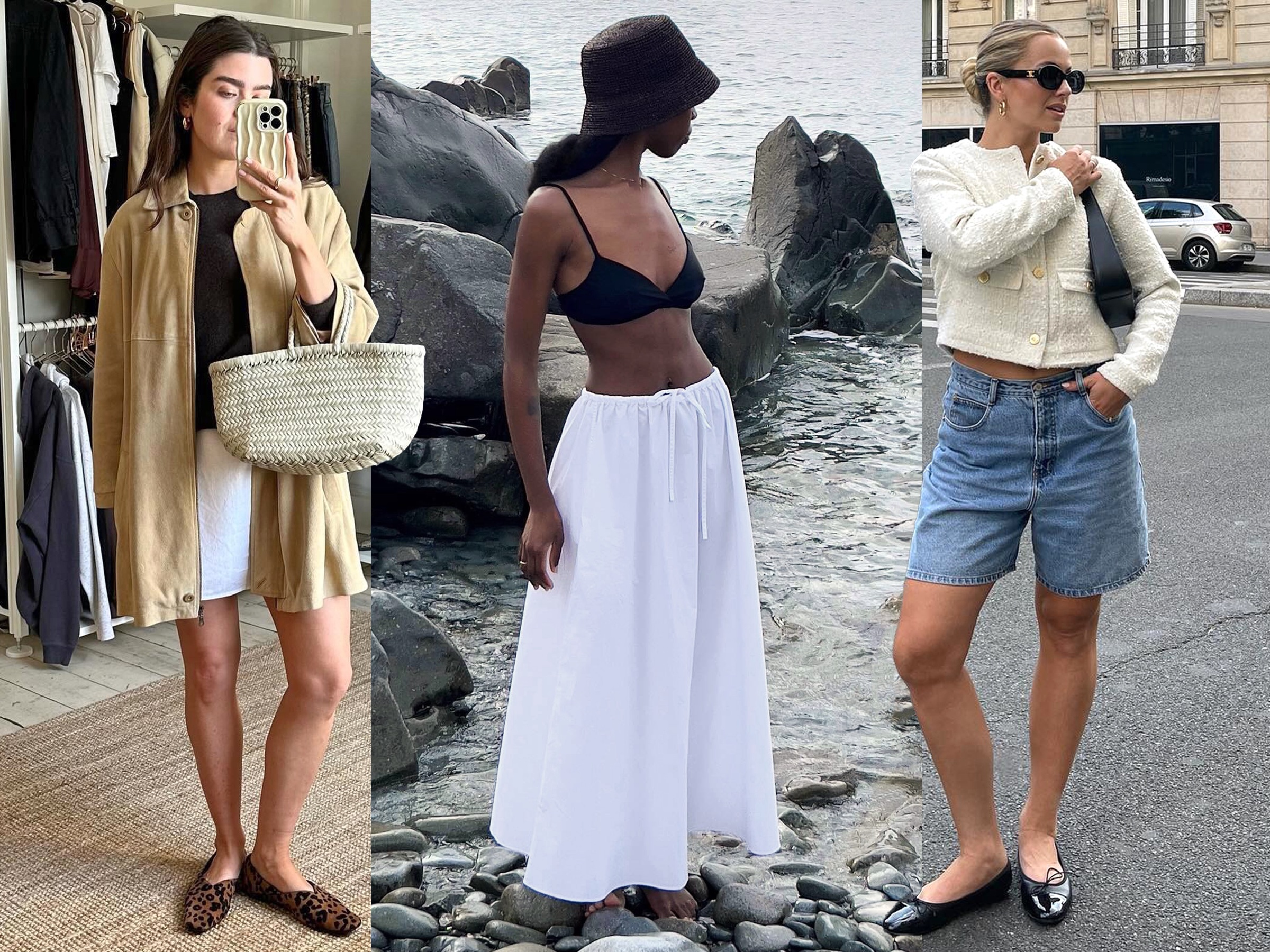 Fashion collage of style influencers featuring summer outfit ideas from Anna Newton, Sylvie Mus, and Izzy Dilger wearing a woven bag, full white skirt, and long denim shorts.