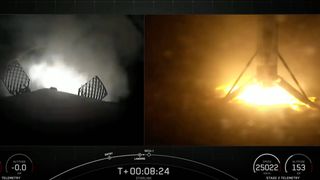 a spacex falcon 9 rocket lands on a robotic ship at sea at night.