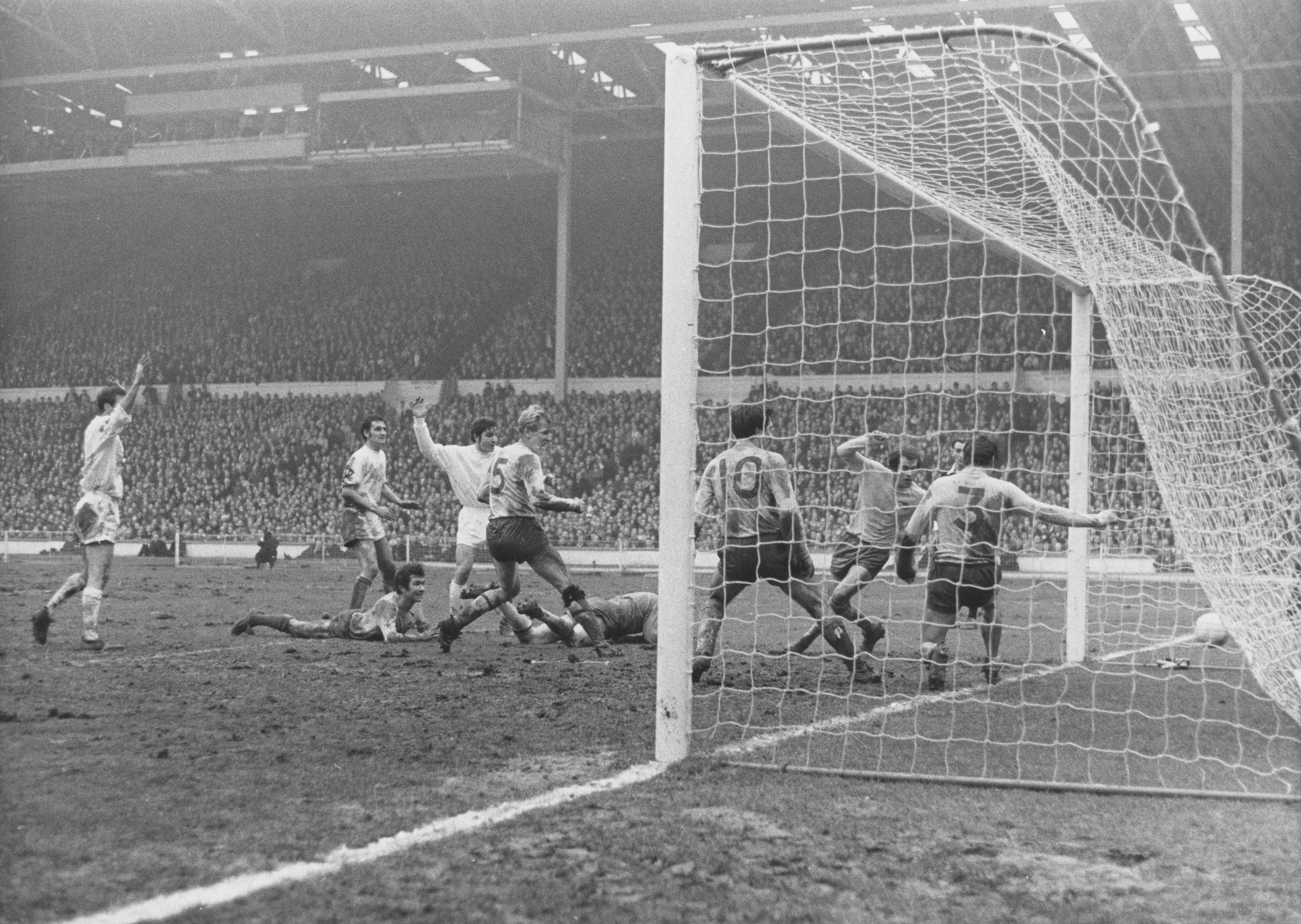 Swindon Town score against Arsenal in the 1969 League Cup final at Wembley.