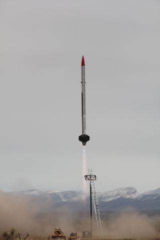 The STIG A rocket built by Armadillo Aerospace roars skyward from New Mexico’s Spaceport America on Dec. 4, 2011. 