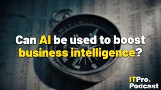The words ‘Can AI be used to boost business intelligence?’ overlaid on a lightly-blurred image of a compass lying on some balance sheets. Decorative: the words ‘AI’ and ‘business intelligence’’ are in yellow, while other words are in white. The ITPro podcast logo is in the bottom right corner.