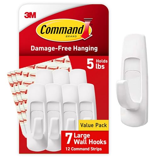 Command 5 Lb Large Utility Hooks, 7 Wall Hooks and 12 Command Strips, Damage-Free Hanging With Adhesive Strips, No Tools for Hanging, Organization and Storage