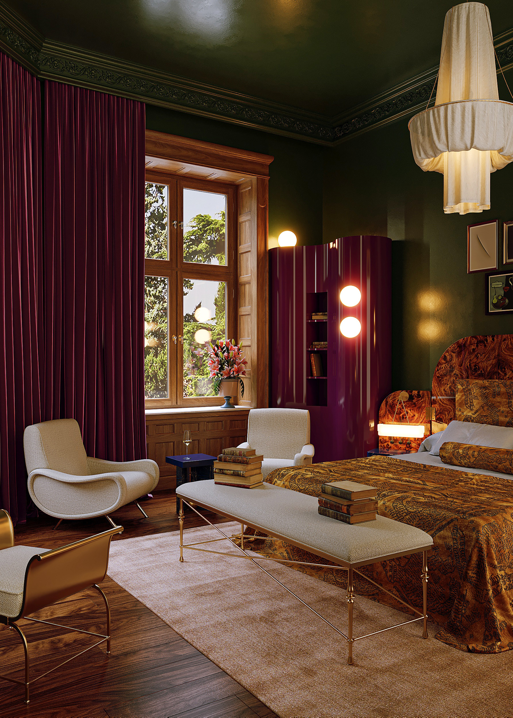 An shiny olive green bedroom with plum purple window treatments and side cupboard, a pair of white chairs, a bench with a set of books, and a burl wood headboard