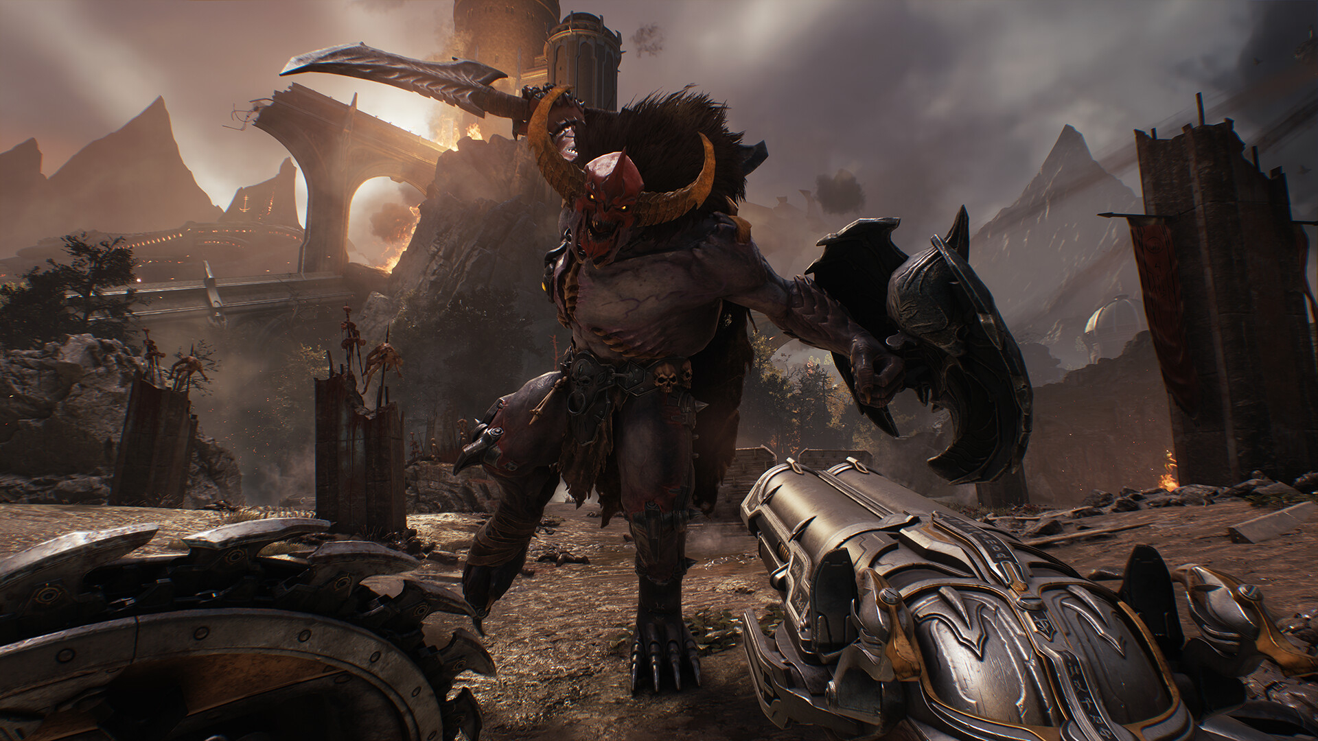 A screenshot of the Slayer armed with the shield saw and a shotgun against a demon