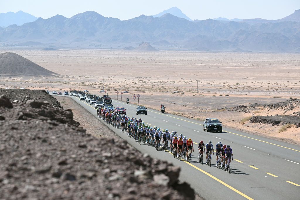 The AlUla Tour peloton in the Saudi desert