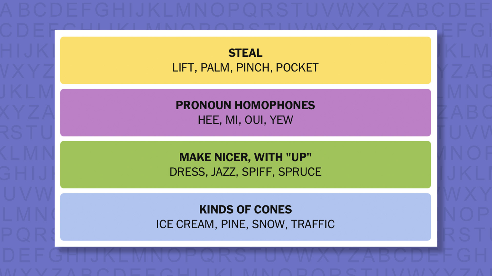 NYT Connections answers for game 1004 on a purple background