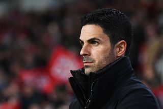 Arsenal manager Mikel Arteta looks on prior to the UEFA Champions League match between PSV Eindhoven and Arsenal FC at Philips Stadion on December 12, 2023 in Eindhoven, Netherlands.