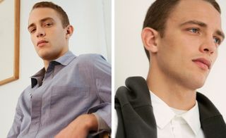 Two images, Left- model wearing shirt, Right- model wearing a shirt with a jumper round his shoulders