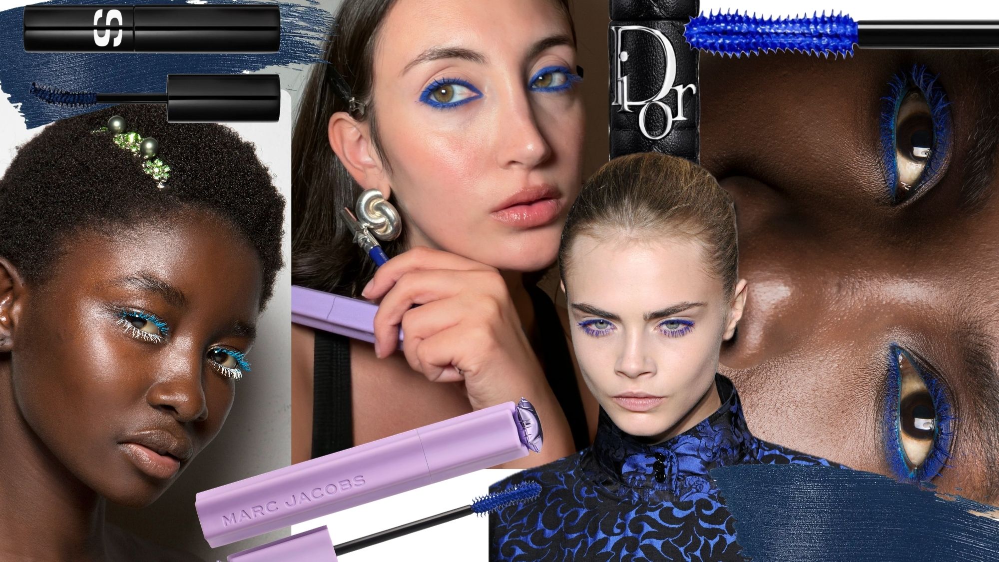 Images of celebrities, models, and editors wearing blue mascara.