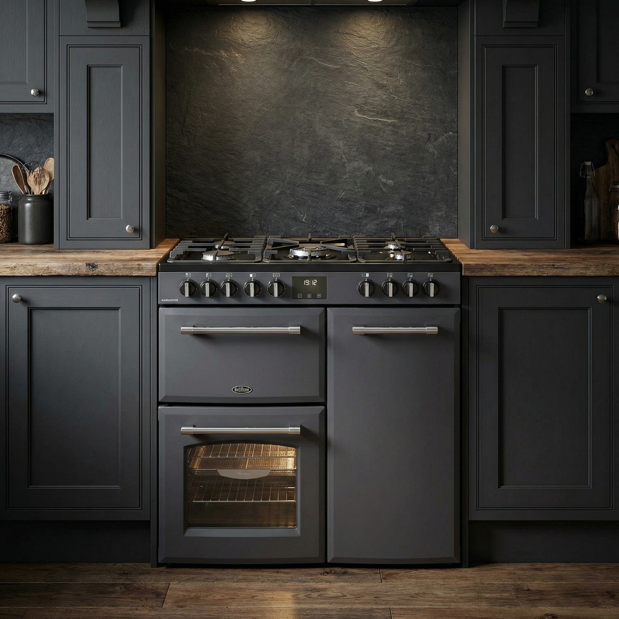 Farmhouse 90DF Range in a grey kitchen with wooden worktops