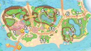 A map showing Hello Kitty Island Adventure rubber locations on the first island.